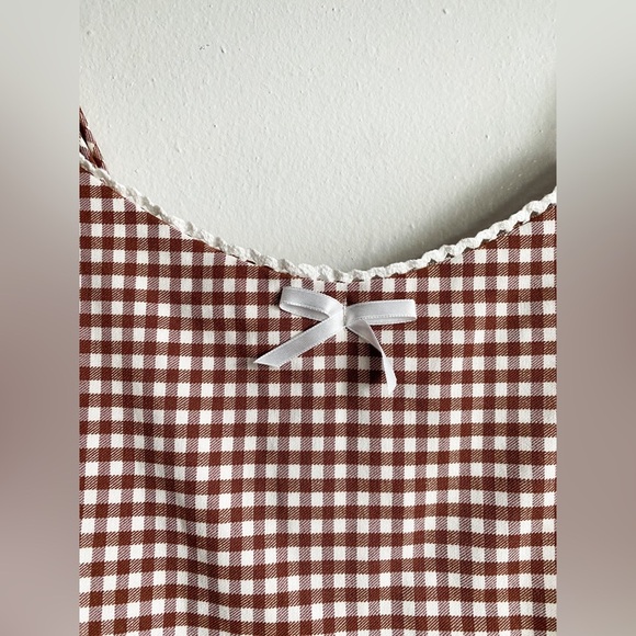 UO Gingham Brown Mini Dress Coquette Cottagecore Festival Outhold Boho Hipster L - Picture 4 of 12